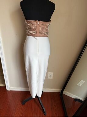 Pearl-Embellished Strapless Pencil Dress in White and Nude